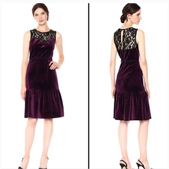 NANETTE lepore Purple Velour Sweetheart Illusion Lace Yoke Sleeveless Dress - Picture 2 of 10